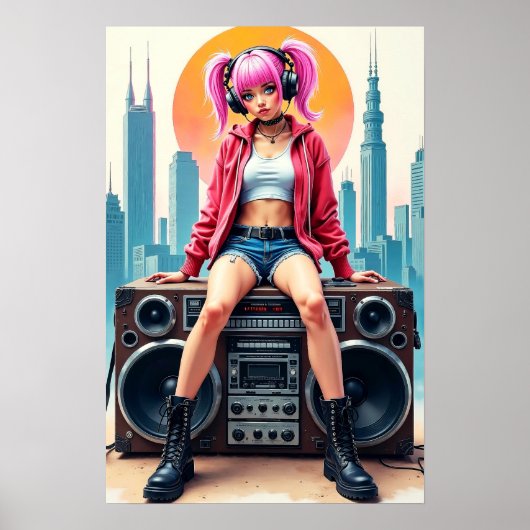 Poster Fille sur un magnétophone vintage (Devant)