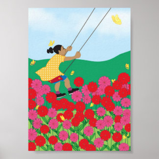 Poster Fille sur une balançoire avec des fleurs