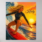 Poster Fille surfeuse au coucher du soleil avec planche d (Devant)