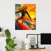 Poster Fille surfeuse au coucher du soleil avec planche d (Bureau à domicile)