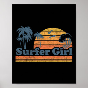 Poster Fille surfeuse plage vacances d'été vintage surf