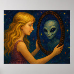 Poster Fille surréaliste tenant un miroir avec un reflet