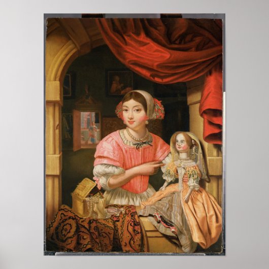 Poster Fille tenant une poupée dans un intérieur (Devant)