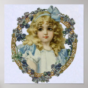 Poster Fille vintage avec de belles fleurs et de la mâcho