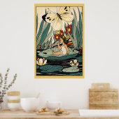 Poster Fille vintage sur nénuphars fleurs, papillon affic (Cuisine)