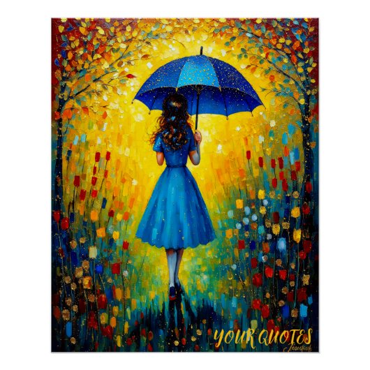 Poster Fille Whimsical avec parapluie bleu (Devant)