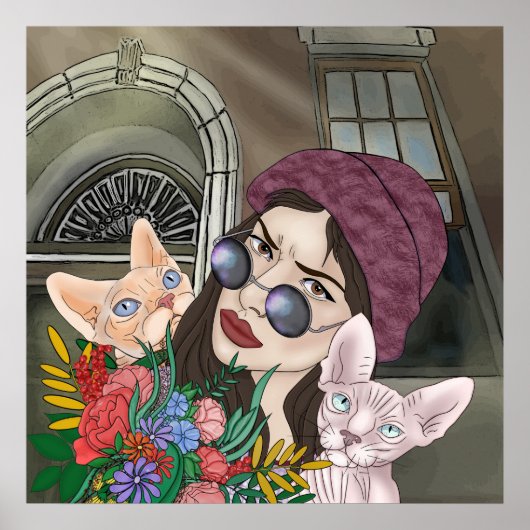 Poster Filles avec chats Imprimer, Papier d'affiche de va (Devant)