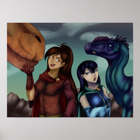 Poster Filles avec des dinosaures (Devant)