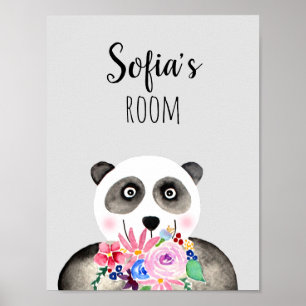 Poster Filles Belles Fleurs Aquarelle Panda et Nom