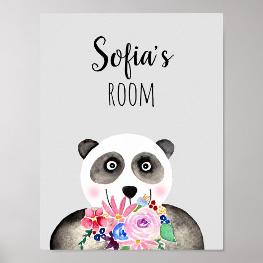 Poster Filles Belles Fleurs Aquarelle Panda et Nom (Devant)