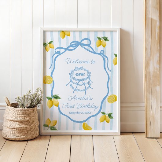 Poster Filles Citron bleu Amalfi Aquarelle 1er anniversai