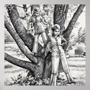 Poster filles des années 1970 Sœurs jouant dans l'arbre d