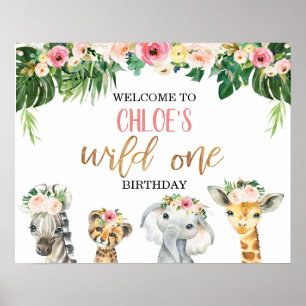Poster Filles Floral Foliage Safari Anniversaire Bienvenu