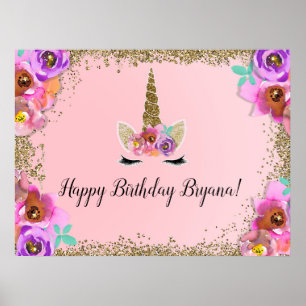 Poster Filles Floral Gold Parties scintillant Unicorn Ann