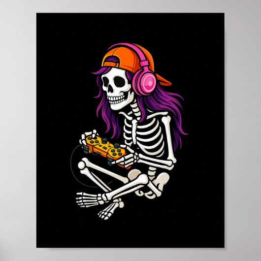 Poster Filles Halloween squelette joueuse vidéo jeu fille (Devant)