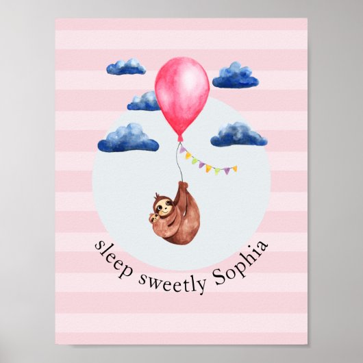 Poster Filles Mignon Ballon Rose Paresseux Animal et Nom (Devant)