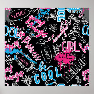 Poster Filles motif avec slogan calligraphique, coeurs, d