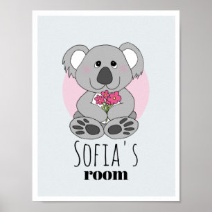 Poster Filles Ourson Koala Mignon Dessin Animé & Nom Cham