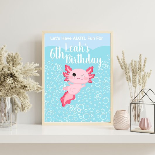 Poster Filles roses mignonnes Axolotl fête d'anniversaire