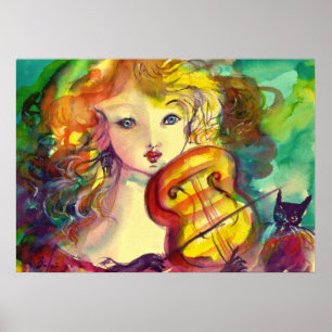 POSTER FILLETTE VIOLONISTE, VIOLON ET CHAT