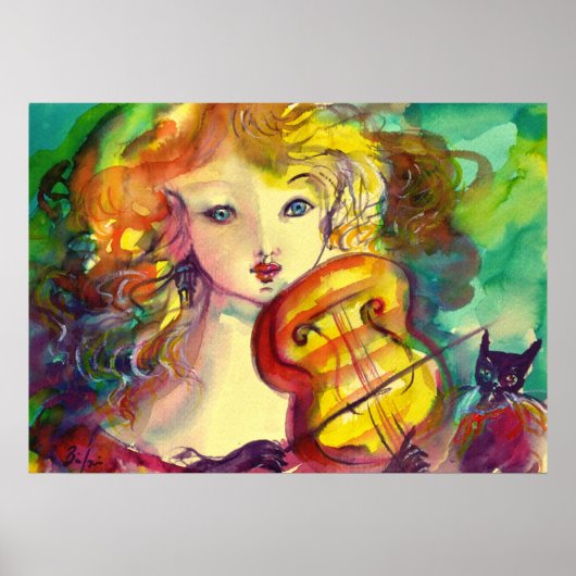 POSTER FILLETTE VIOLONISTE, VIOLON ET CHAT (Devant)