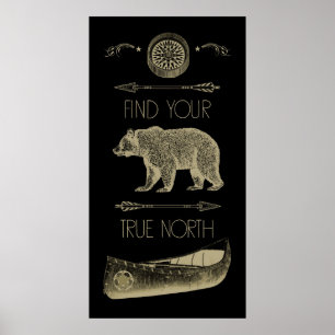 Poster Find Your True North Canoe Bear Arrows Compass