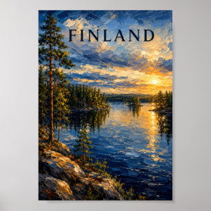 Poster Finlande : souvenir artistique du lac au coucher d