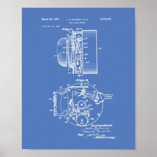 Poster Fire Alarm System 1954 Patent Art - Blueprint (Devant)
