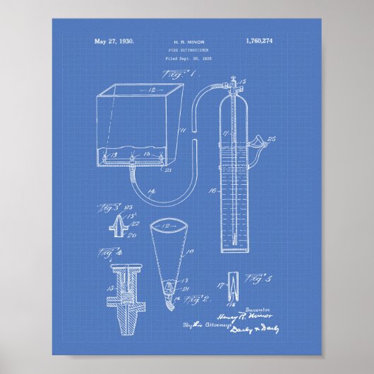 Poster Fire Extinguisher 1930 Patent Art - Blueprint (Devant)