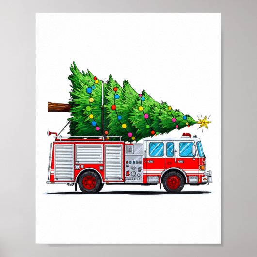 Poster Fire Truck Christmas Tree Xmas Lights Firefighter (Devant)