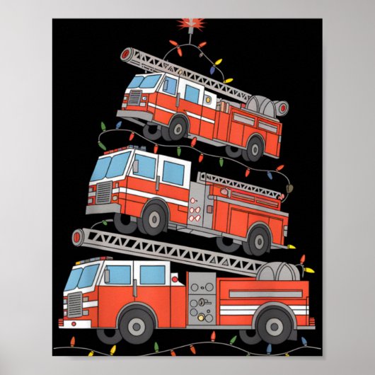 Poster Fire Trucks Christmas Tree Lights Xmas Firefighter (Devant)