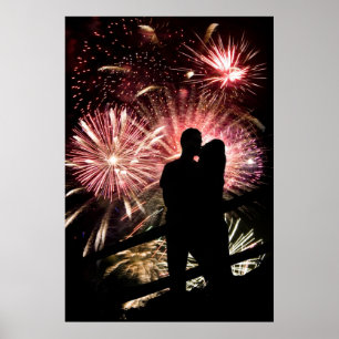 Poster Fireworks Couple Kissing Silhouette
