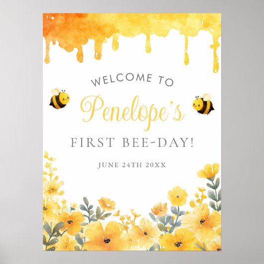 Poster First Bee Day 1st Birthday Welcome Sign (Devant)