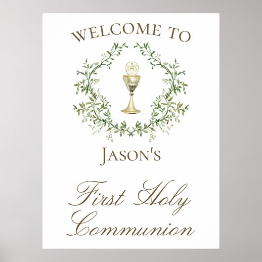 Poster First Communion chalice crest greenery (Devant)