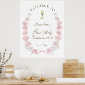 Poster First Communion pink peonies welcome (Cuisine)