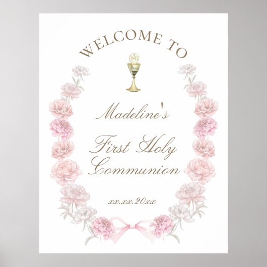 Poster First Communion pink peonies welcome (Devant)