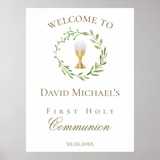 Poster First Holy Communion green wreath welcome (Devant)
