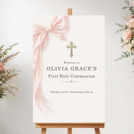 Poster First Holy Communion Pink Bow Girl Welcome