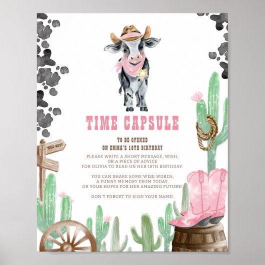 Poster First Rodeo Wild West Baby Cow Time Capsule Sign (Devant)