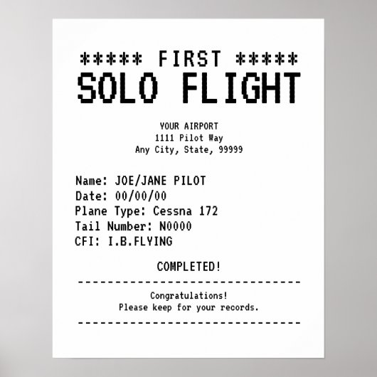 Poster First Solo Flight Congratulations (Devant)