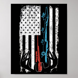 Poster Fishing Rod Hunting Deer American Flag