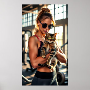 Poster Fitness Girl&Cat dans la salle de gym. Motivation