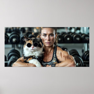 Poster Fitness Girl&Cat dans la salle de gym. Motivation