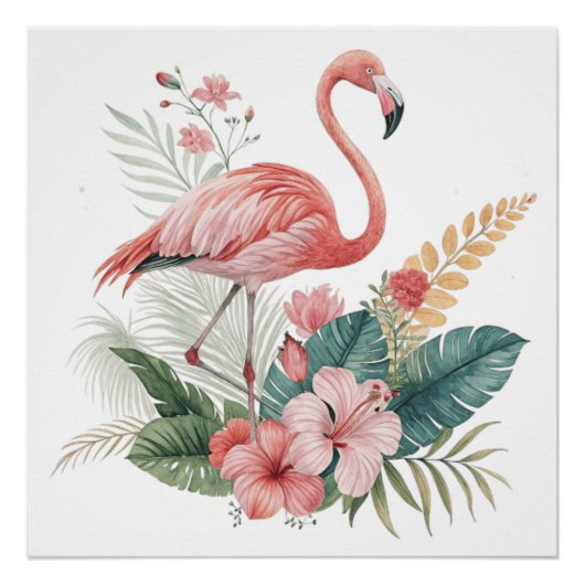 Poster Flamant Avec Fleurs (Devant)