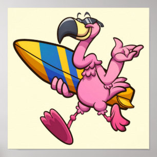 Poster Flamant rose amusant avec Surf Board