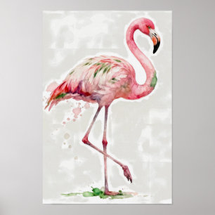 Poster Flamant Rose Aquarelle Tropicale Sur Fond Blanc