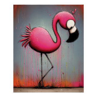Poster flamant rose aux grands yeux - style cartoon