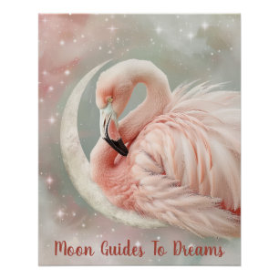 Poster Flamant rose bébé oiseau dormant sur Lune