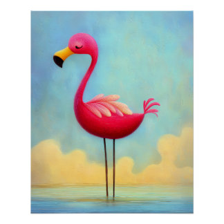 Poster flamant rose dans l'eau bleue - style cartoon