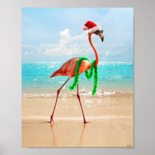 Poster Flamant rose de Noël sur la plage
